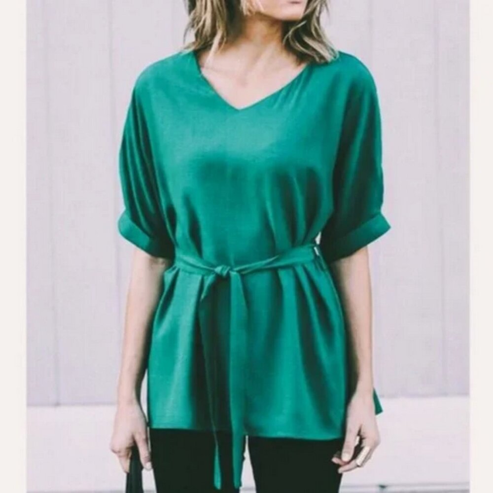 AMARYLLIS Linen Tunic Top Green Cotton Blend Loose Relaxed Dolman Tie Blouse
